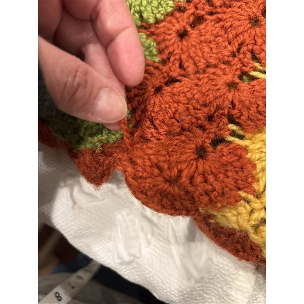 VTG Afghan Throw‎ Retro 70s Crochet Yellow Green Red Boho Stripe Blanket 34x61